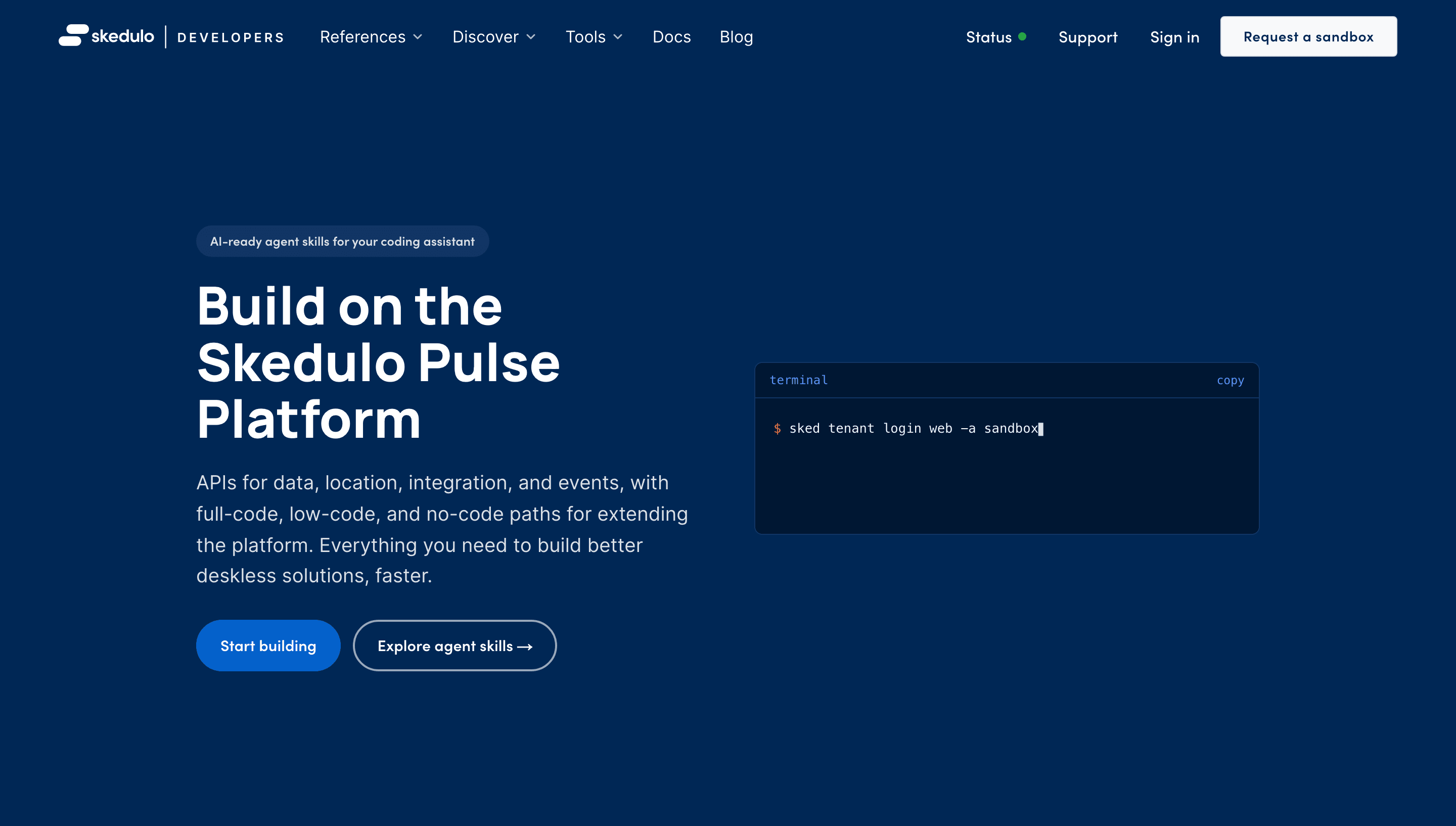 The home page of the new Skedulo developer site