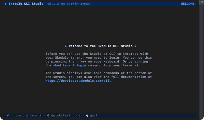 The welcome screen in Skedulo CLI Studio