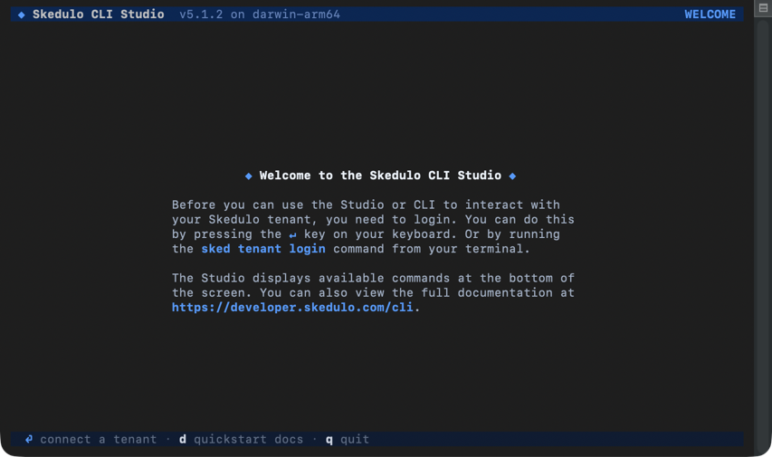 The welcome screen in Skedulo CLI Studio