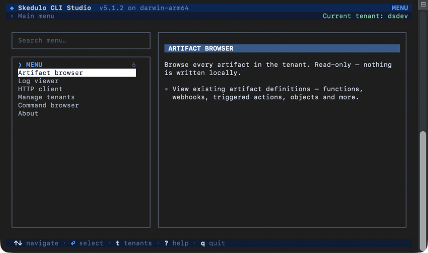 The main menu in Skedulo CLI Studio