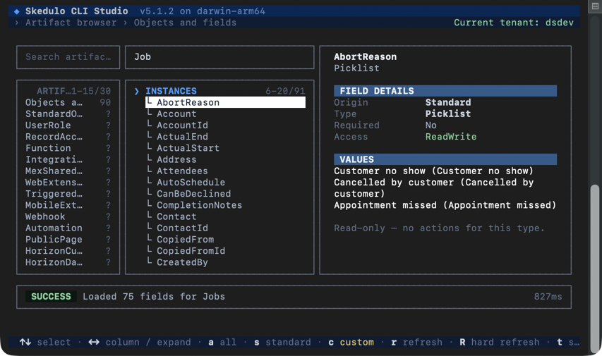The browse artifacts screen in Skedulo CLI Studio