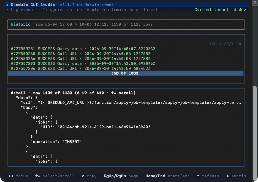 The view logs screen in Skedulo CLI Studio