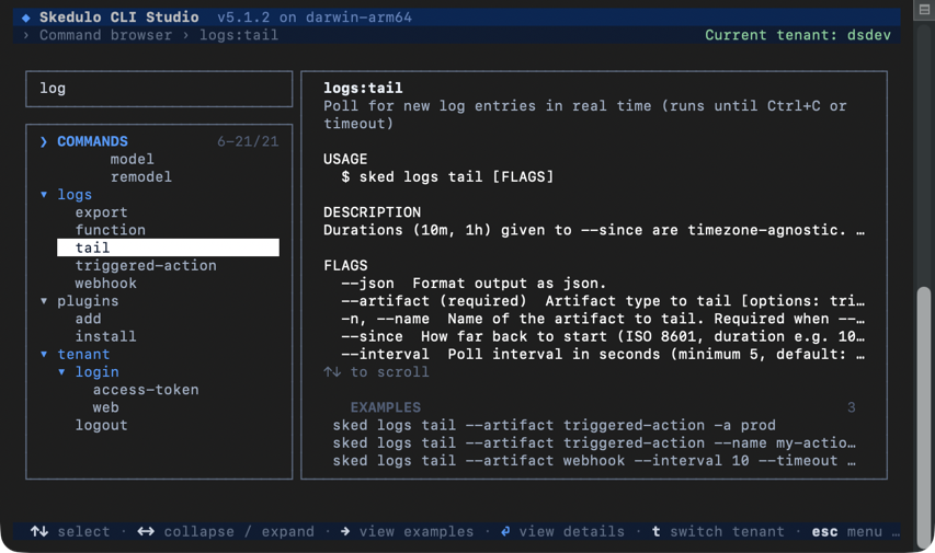 The browse commands screen in Skedulo CLI Studio