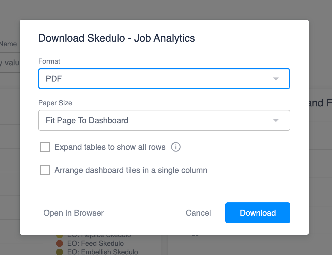 The Download options modal for a dashboard