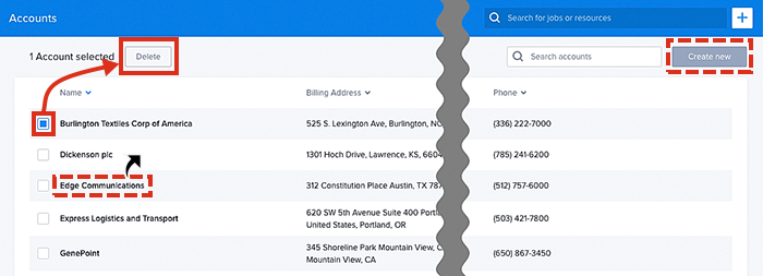 Viewing examples of accounts in the data table.