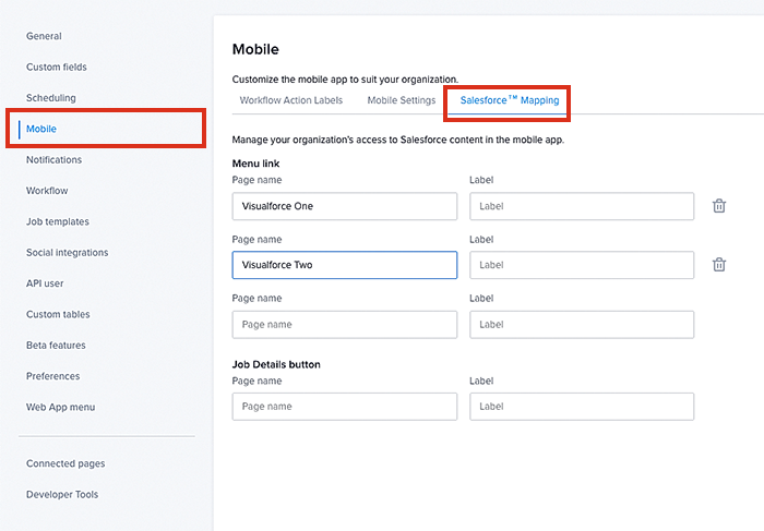 The admin settings for mobile—salesforce mapping.