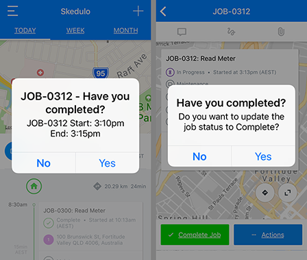 The two pop-up messages from Skedulo when a job is scheduled to be completed.