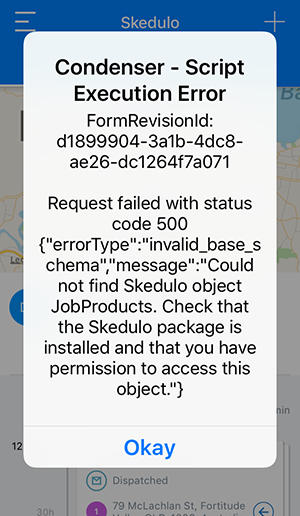 The Skedulo v2 mobile app displaying a condenser script execution error.