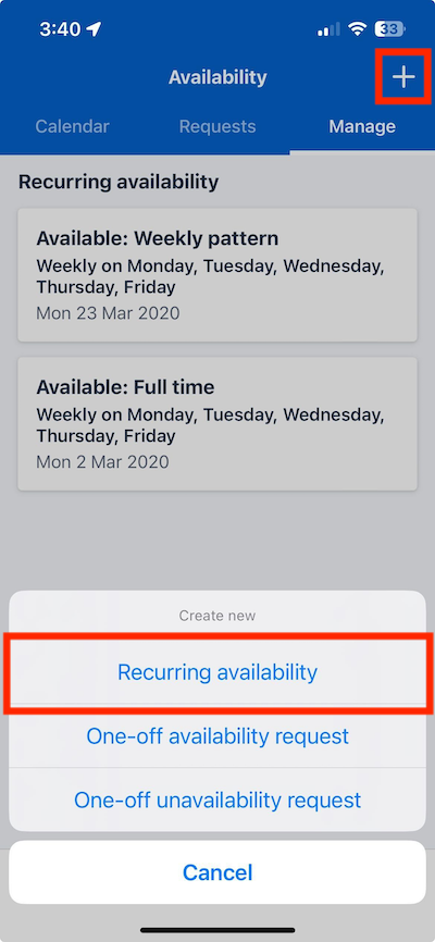 The create new recurring availability option menu in the Skedulo Plus mobile app.