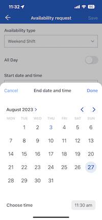 The date and time picker for availability requests that are not all day requests and require the date and time for the start and finish to be selected.