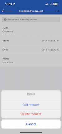 The options menu on an unavailability request showing the option to edit the time off request
