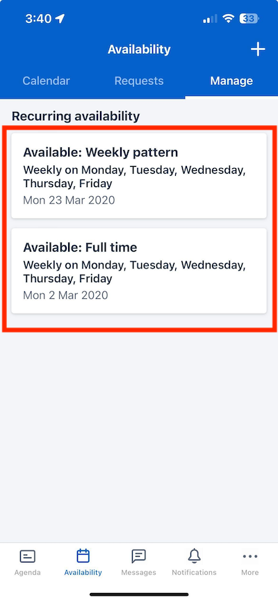 The recurring availability pattern card in the Skedulo Plus mobile app.