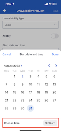 The unavailability date and time selector in the Skedulo Plus mobile app.