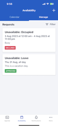 The unavailability requests filter button in the Skedulo Plus mobile app.