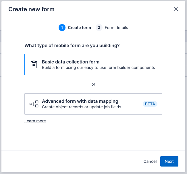 Create new forms modal