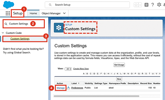 Locating the custom settings preferences in Salesforce.