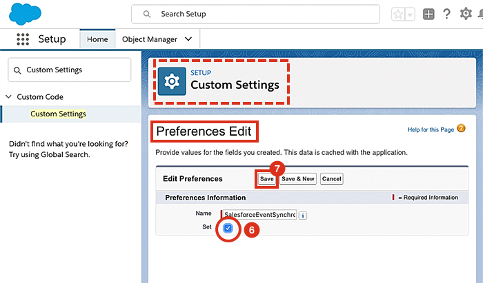Enabling the Salesforce Event Synchronization setting.