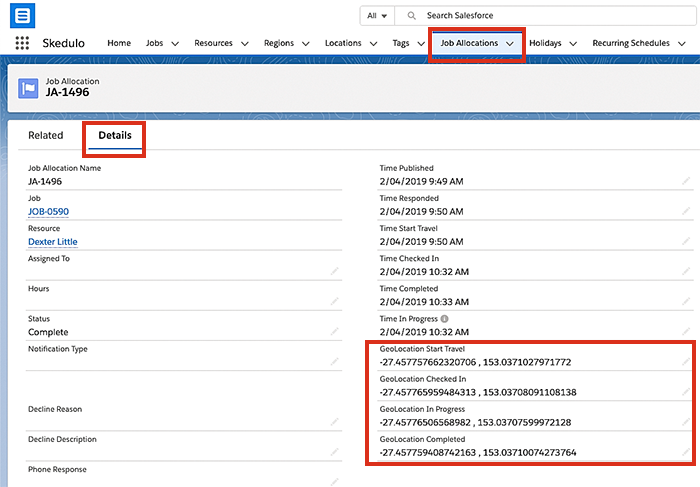 Configuring the job allocation object page layout to display geolocation data.
