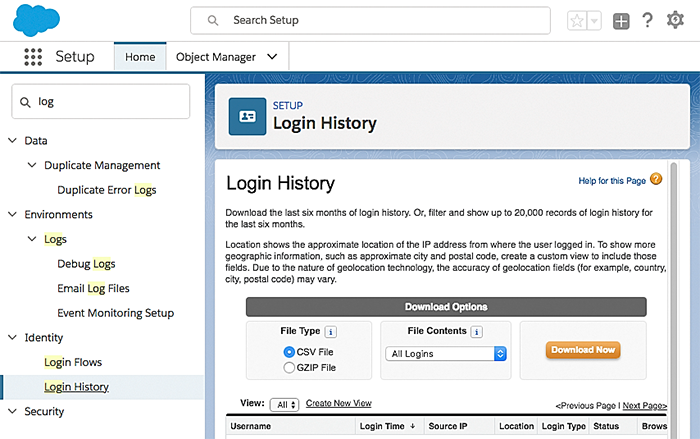 Accessing the login history logs in Salesforce.