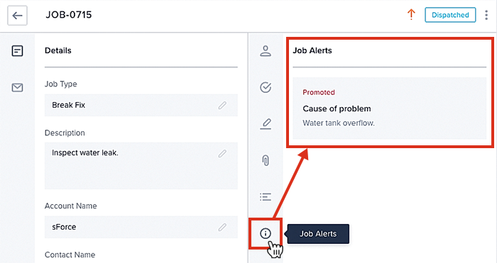 Viewing the job alerts panel in the job details view.