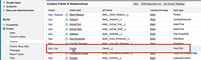 An example showing the new field named cause added to the job object in Salesforce Classic.