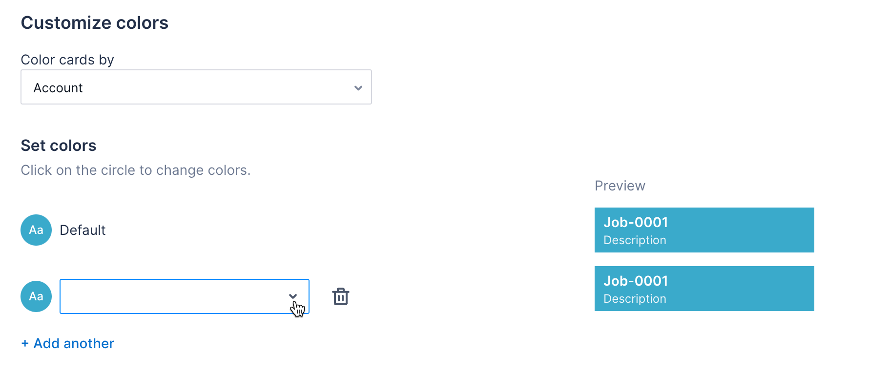 The work card Set colors section showing the option to add specific field values to color cards by.