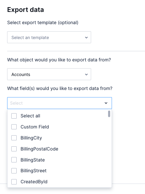 The Export data page with the Fields dropdown menu highlighted.