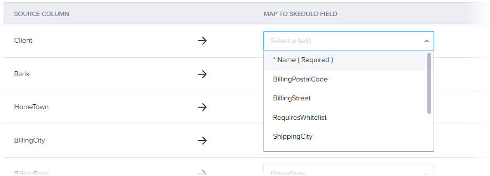 The Map to Skedulo field dropdown menu showing some of the available fields.