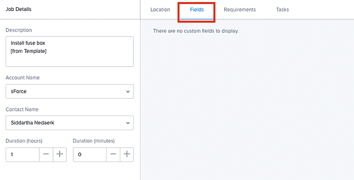 An example showing one custom field under the fields tab of the job template settings.