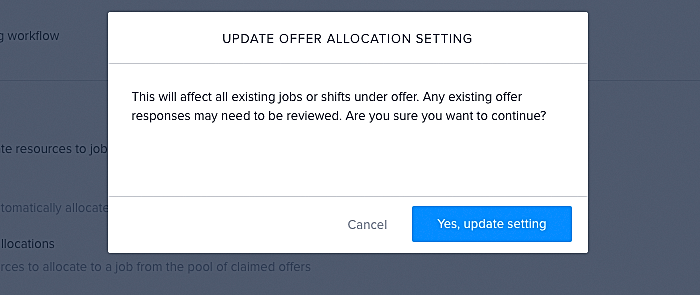 The confirmation modal for changing the offer allocation method.