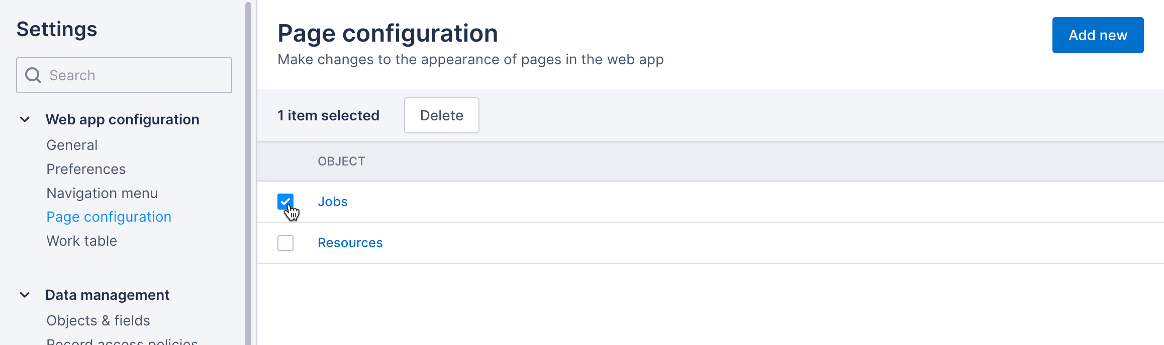 The Page configuration page with a page selected