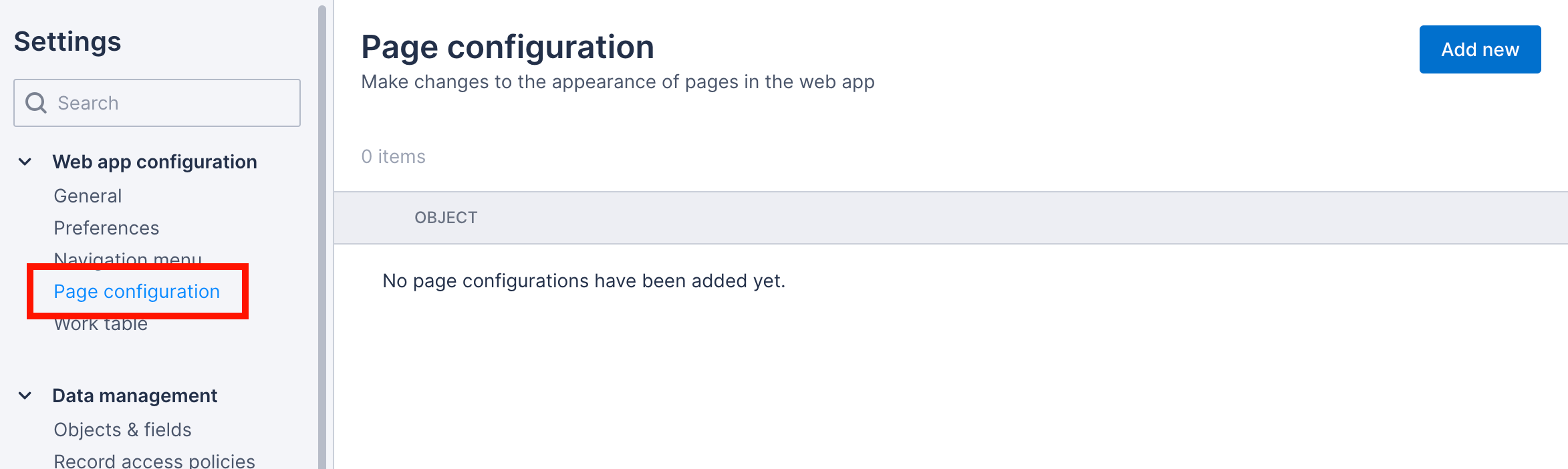 The Page configuration option in the Settings