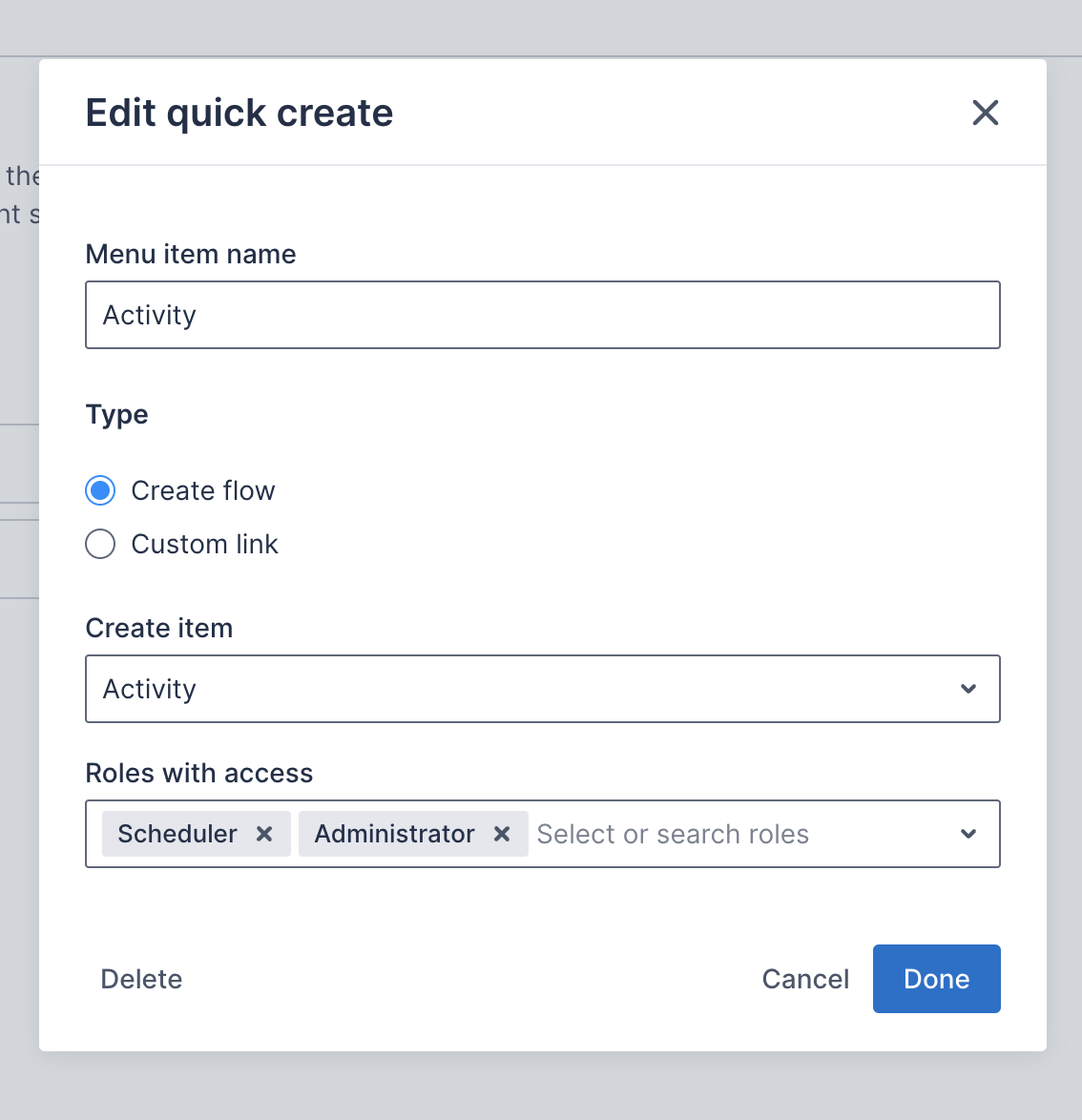 The Add quick-create menu item dialog for create flow items.