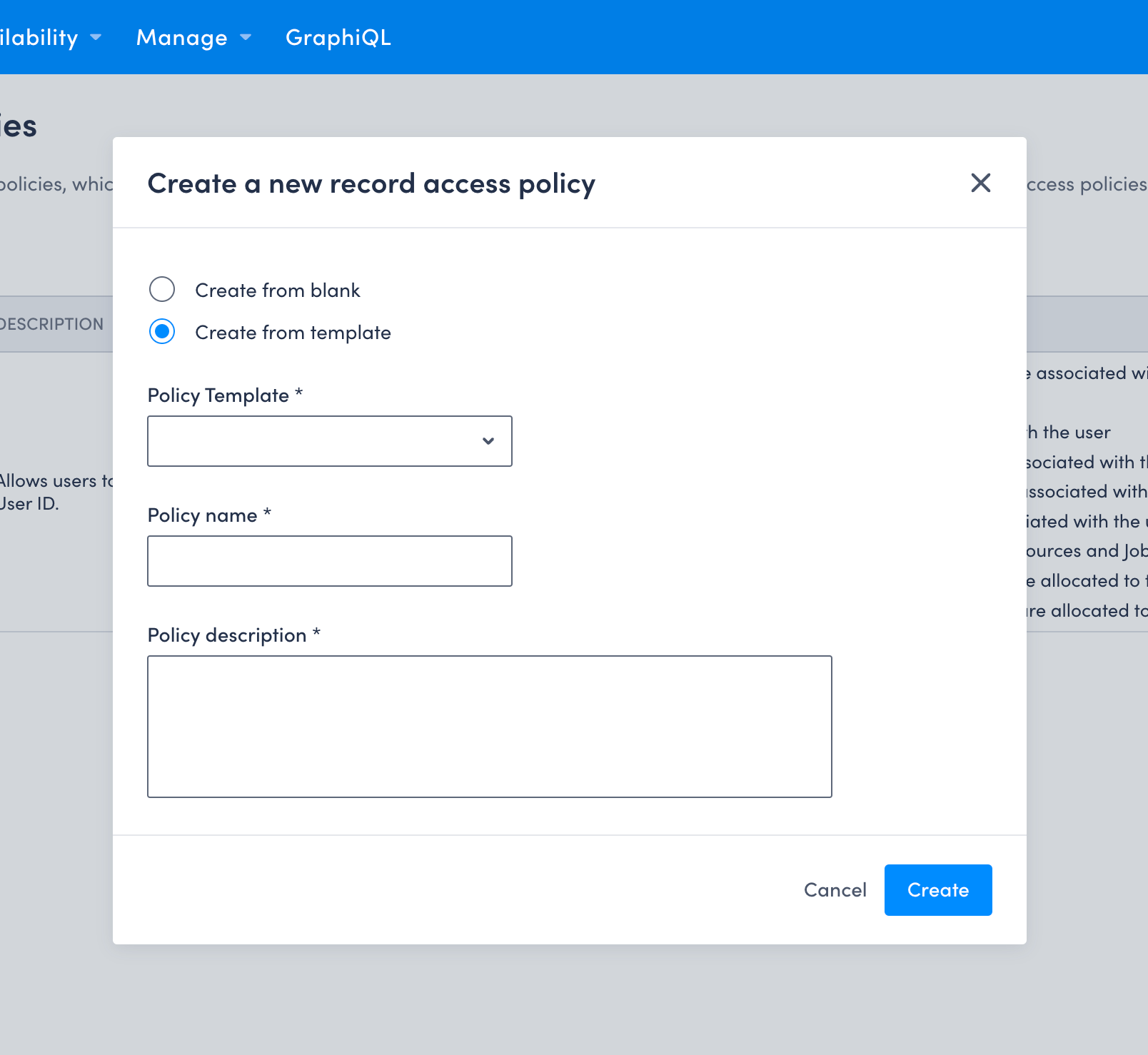 The create policy dialog with &ldquo;Create from template&rdquo; selected.