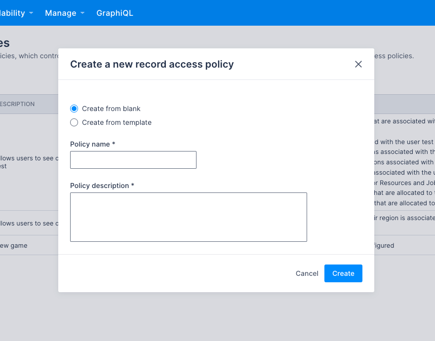 The create policy dialog with &ldquo;Create from blank&rdquo; selected.