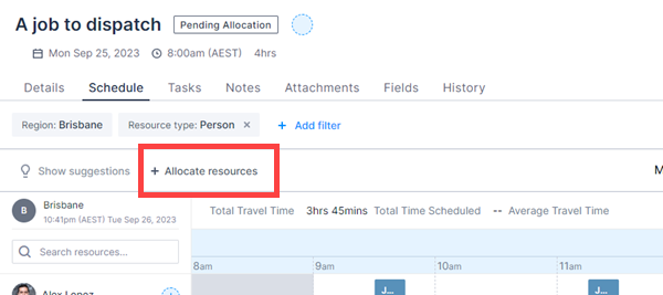 The Allocate resources button on the Schedule tab.