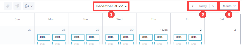 The schedule calendar view header with numbered callouts identifying the date picker, date switcher, and view options.