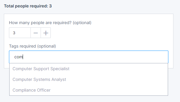 The &ldquo;Tags required&rdquo; field with three auto-suggested options in the drop-down