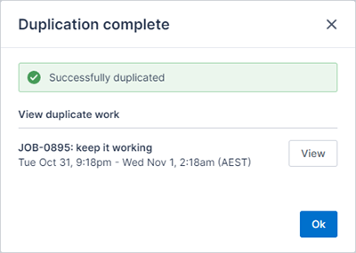 duplicate action successful modal