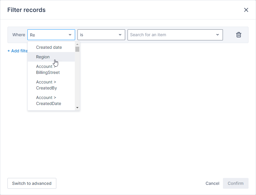 filter records modal with region selected