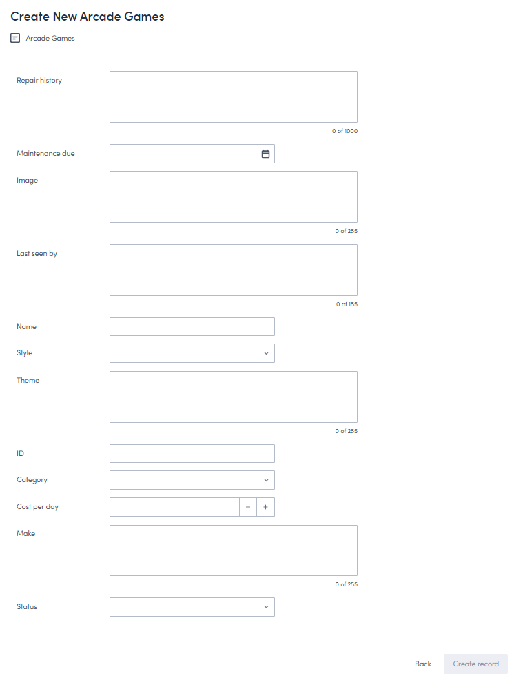 Create Record page before customisation