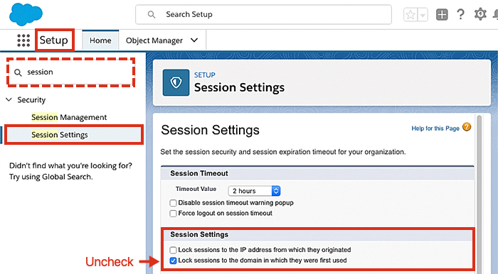 Session settings in Salesforce CRM.