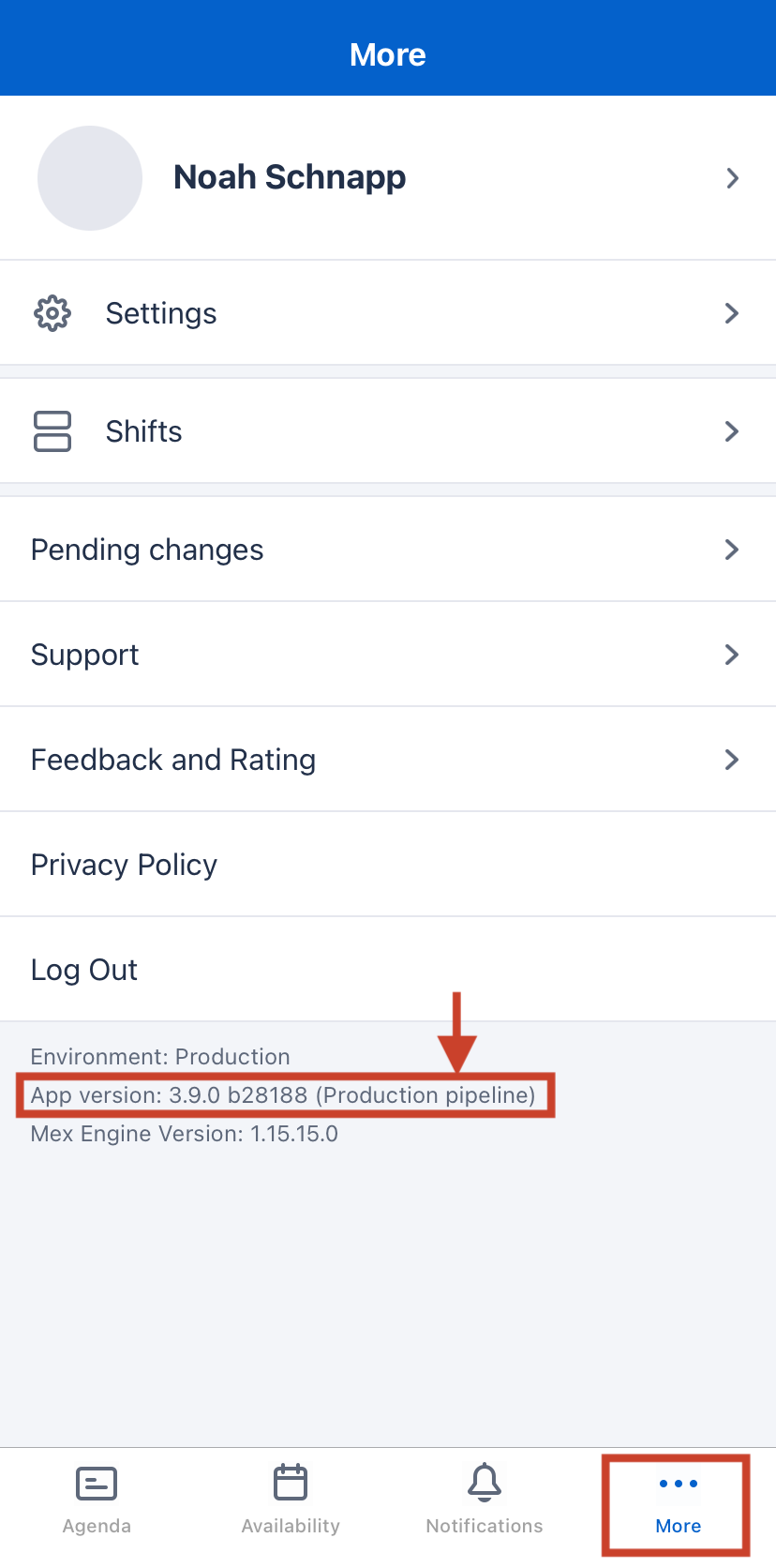 The two locations of the Skedulo v2 mobile app version number.