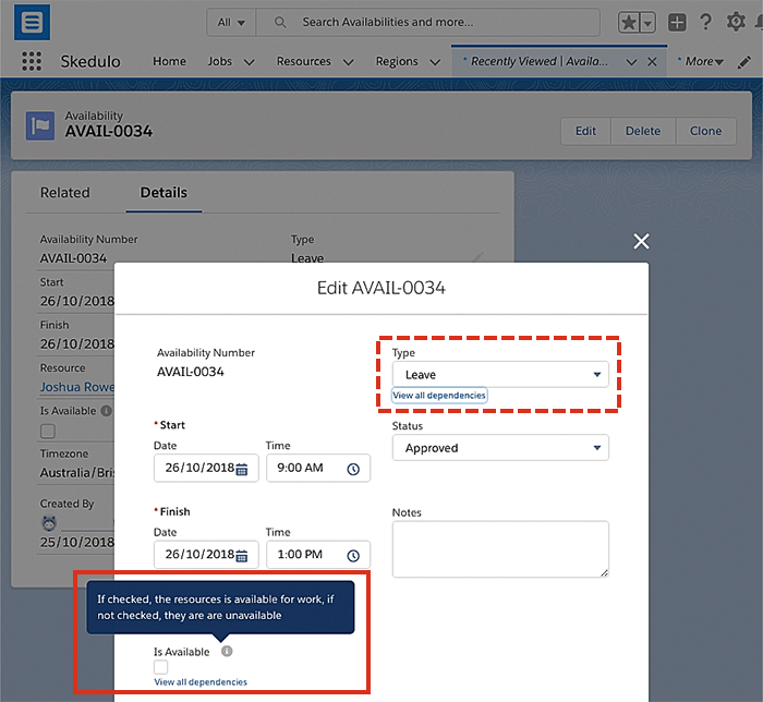 Viewing the checkbox named Is Available in an availability record in Salesforce.