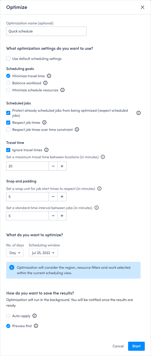 optimize modal, use def ault scheduling settings de-selected