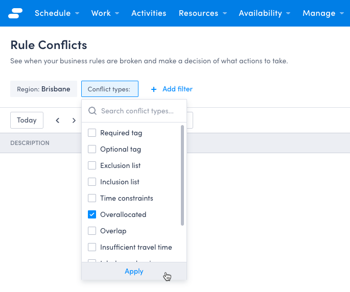 Screenshot of the conflict type filter