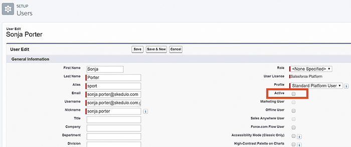 An example showing a Users record in Salesforce with Active unchecked.
