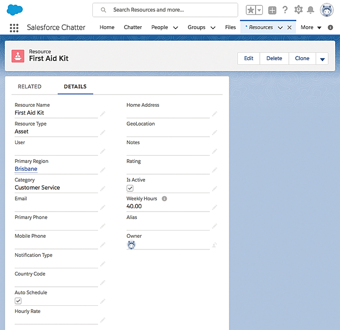 Creating a new asset resource in Salesforce CRM.