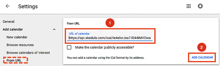 Inserting the copied Skedulo iCal link into the Google Calendar settings.