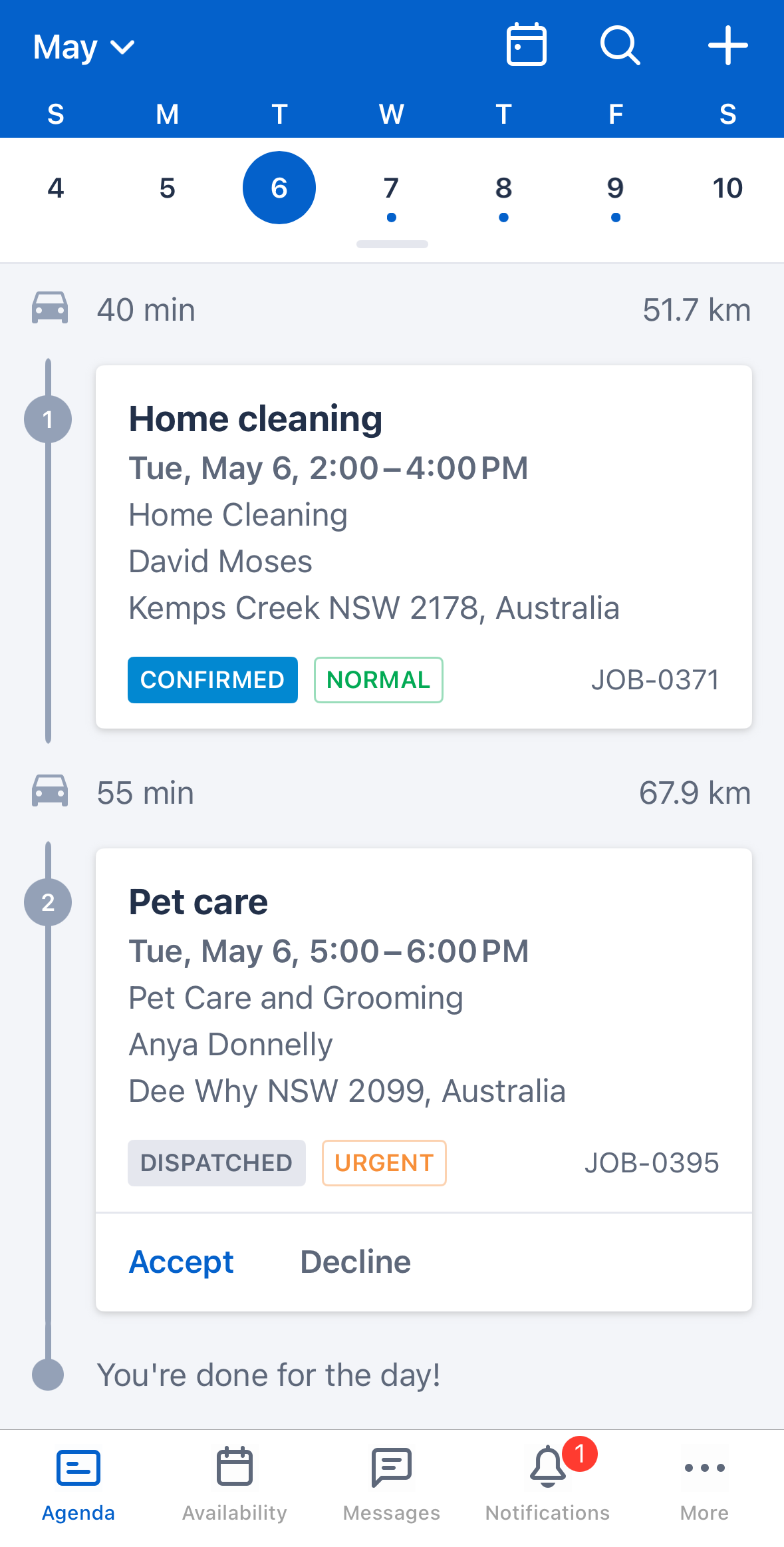 Job cards in the Agenda view